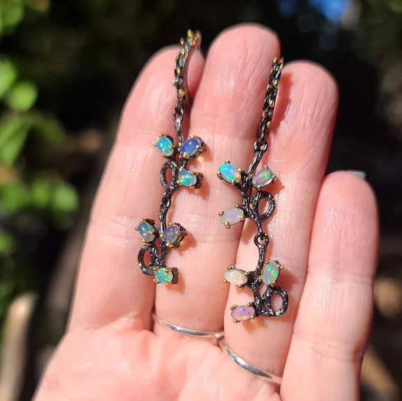 6 Opal floral vine drop sterling rhodium & gold Earrings STUNNING! - Picture 4 of 6